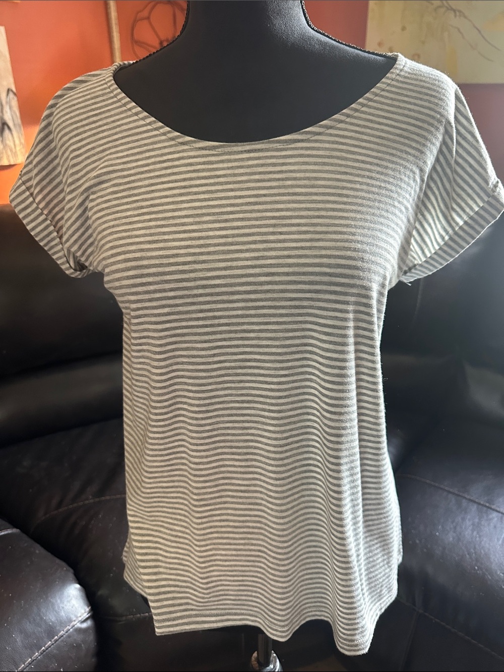 Poof Couture Gray and White Striped Short Sleeve Tee